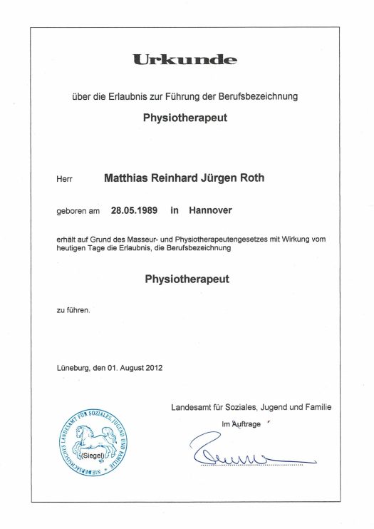 urkunde physiotherapeut